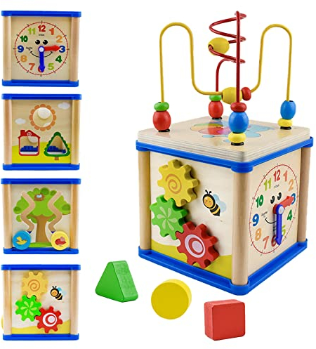 Surplex Motorikwürfel Perlen Labyrinth, 5-in-1 SpielCenter Aktivität Würfel für Baby Lernspielzeug ab 12 Monate, Achterbahn Beads Maze Babys Montessori-Spielzeug, Geschenke für Mädchen ＆ Jungen