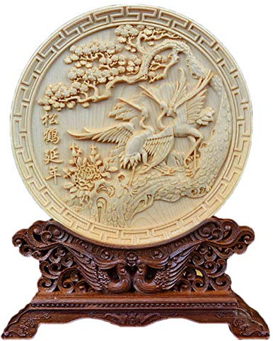 Desconocido Estatua de Bandeja de Pantalla Plegable Fengshui Tallada en Madera de boj Natural (Pino de grúa)