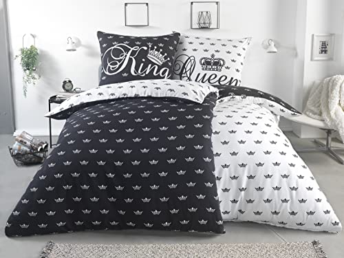BaSaTex Microfaser Partner Bettwäsche mit Wendemotiv | 2X 135x200 Bettbezug + 2X 80x80 Kissenbezug | Mikrofaser Bettwäsche Set 4 teilig für Paare | Design: King and Queen