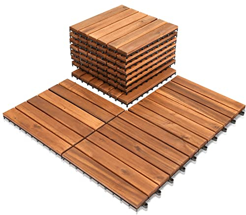 Cecaylie 33er Pack Holzfliesen aus Akazien Holz,6 Latten Fliese Holzfliesen 30x30 cm - 3 m² Balkonfliesen für Balkon, Garten & Terrasse | einfach, schnell & praktisch verlegt