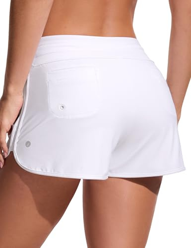 CRZ YOGA Classic Fit Dolphin Board Shorts for Women 3'' - High Waisted Beach Swimwear Bottoms Bathing Trunks with Liner White Medium