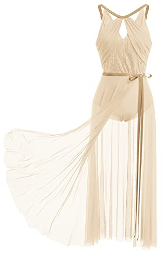 FYMNSI Abito da ballo da donna, senza maniche, con paillette, con gonna avvolgente, moderno, contemporaneo, da ballo, da palcoscenico, champagne, M