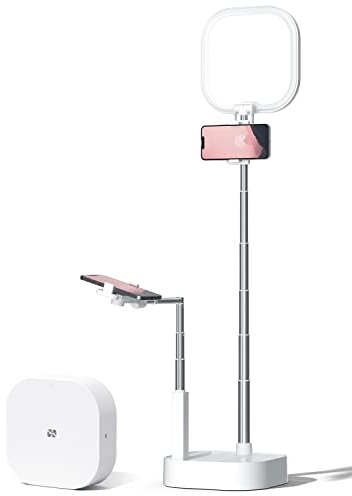 Viozon Extendable Selfie Stand, Height&Angle Adjustable, Overhead 360° Rotation with Two Phone Holders, Rechargeable Wireless Foldable 15 Brightness LED Light for Live Streaming/YouTube/Tiktok (V8)