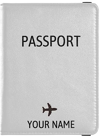 Personalisierte Reisepasshülle, Brieftasche, Kombi, individueller Name, PU-Leder, Reisepass, Impfkarten-Schutz für Frauen und Männer, Reisegeschenk, Flugzeug, Hellgrau, Einheitsgröße