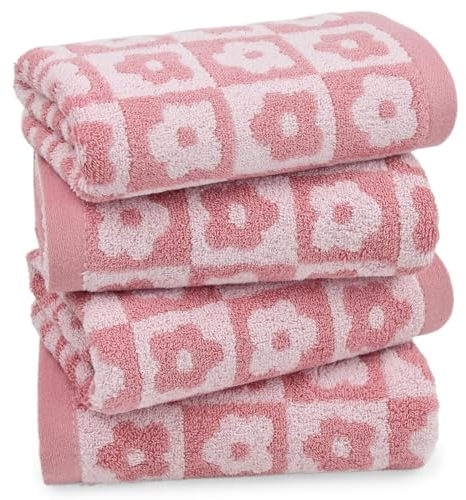 Jacquotha Baumwoll-Handtücher, rosa Kariertes Blumenmuster, schnell trocknend, für Frauen, Mädchen, Ehefrau, Mutter, Töchter, 73,7 x 33 cm, 4 Stück