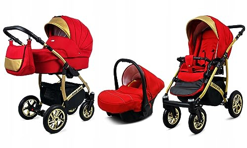 BabyLux® Bambimo Kinderwagen Set 3 in 1 - Gold Lux - incl. Babywanne, Buggy Sportsitz, Auto-Babyschale - Autositz - Kinderwagenset - Kombikinderwagen mit Wickeltasche, Regenschutz usw.