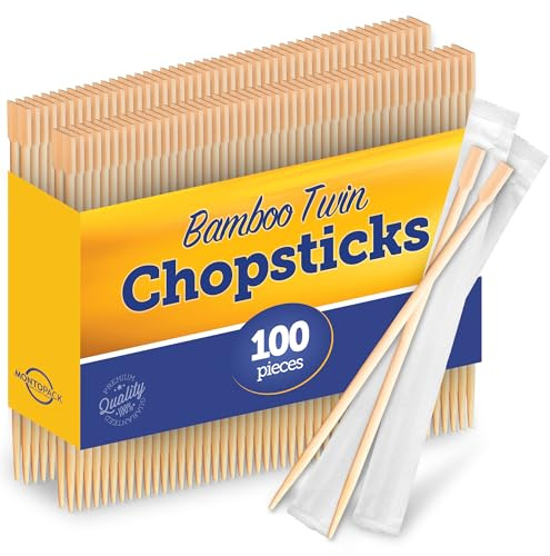 MontoPack Individually Wrapped Twin Chopsticks | Bulk 100 Pack Disposable Wooden Chopsticks | Chinese Bamboo Splinter-Free Party Utensil for Sushi, Rice, Noodles & All Asian, Japanese, Korean Dishes
