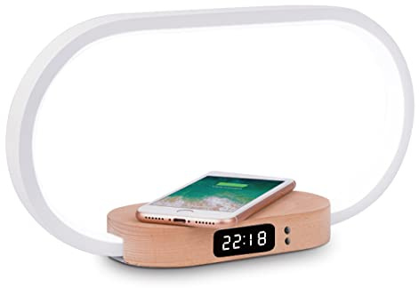 Lampe de Chevet avec Chargeur Induction à 10W, lumiosité réglable, 1 Port USB pour la Charge, Affichage l'heure, en alu et Bois