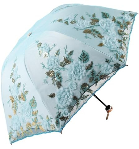 Katutude Brudparaply anti-UV vikbart paraply 3D spets blomma vintage broderi kompakt reseparaply spets bröllop parasoll bärbart vikbart paraply för flickor och kvinnor, blå, M