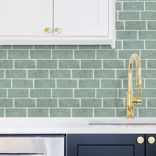 Alwayspon 10 Sheet Sage Green Marble 3D Vinyl Wall Tile Sticker Transfers, Peel and Stick Self-Adhesive Waterproof Splashback Stick on Tile Decals for Kitchen Bathroom Wall