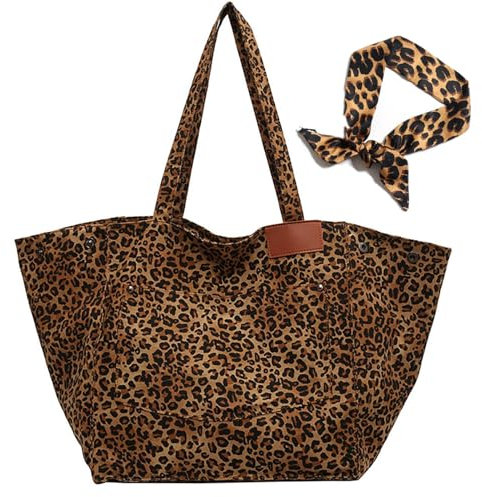 JEKAVA Tote Bag Damen Groß Leopardenmuster Handtasche Canvas Shopper Tasche Damen Umhängetasche Gross Tragetaschen Retro Schultertasche für Schule Arbeit Einkauf Alltag Reisen Frauen