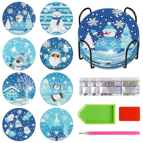 FYting 8 Pezzi Diamond Painting Bambini,Sottobicchieri,Diamond Painting Kit Completo,Sottobicchieri Del Regno del Ghiaccio e Della Neve DIY, Babbo Natale,Alce,Pinguino,Pupazzo di Neve,Natale(Blu)