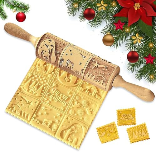 Weihnachten Nudelholz, 3D Prägung Nudelholz, Holz Nudelhölzer mit Muster, Präge Nudelholz Backzubehör, Geprägtes Nudelhölzer für Hausgemachtes Bäck Gebäck Cookie