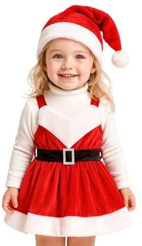 Yaopelky Robe de Noël pour Fille Jupe à Bretelles en Velours pour bébé Fille avec Bonnet Mignon ceinturé Robe de Noël pour bébé