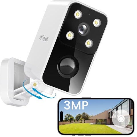 ieGeek Rotazione 180° Telecamera Wifi Esterno Senza Fili, 4 LED Lights, 2K Videocamera sorveglianza Interno a Batteria, PIR Rilevamento Umano, Visione Notturna a Colori, Audio Bidirezionale, S3