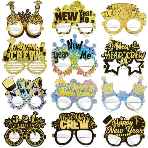 DPKOW Glitzer 2026 Silvester Brille, 24 Stk Laser Papier Brillen Happy New Year Neujahr Partybrille für 2026 Silvester Accessoires Glitzer Silvester Party Zubehör Gadget Silvester Foto Requisiten