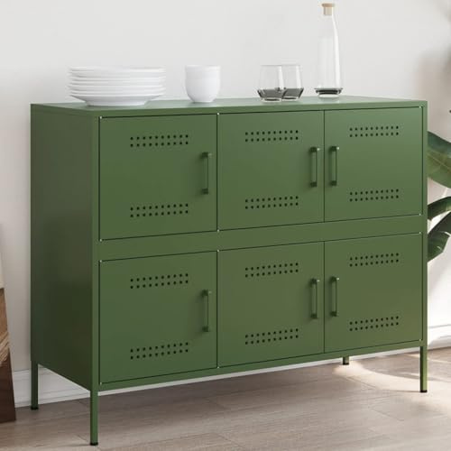WIFESE Sideboard für Esszimmer 100,5x39x79 cm Buffet Cabinet Olivgrün Stahl Sideschrank Mit 4 verstellbaren Schraubfüßen Reichlich Stauraum Küchenschrank Mit 6 Fächern und 6 Türen Wohnzimmer
