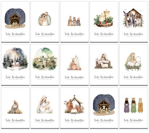 30 religiöse christliche Weihnachtskarten mit 15 verschiedenen Motiven und 30 braune Kraftpapierumschläge aus Recyclingpapier