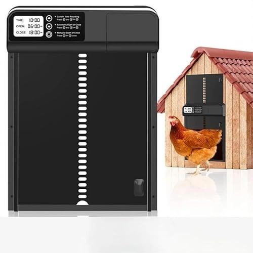 Automatische Hühnerstalltür mit LCD-Display, programmierbar, wasserdicht, automatische Hühnerstalltür mit Klemmschutz, Timer und Alarm bei niedrigem Batteriestand (schwarz)