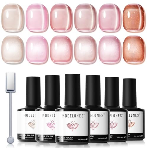 Modelones Esmaltes Semipermanentes para Uñas en Gel, 6 Colores Cat Eye magnetice Pintauñas Semipermanentes de Gel UV LED en Gel Nail Polish Esmalte Uñas para Manicura-Rosa Nude