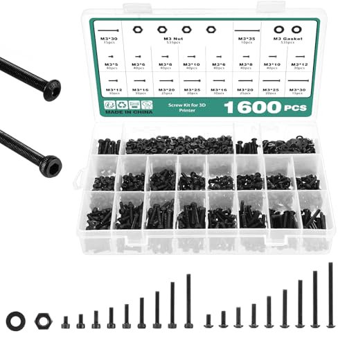 Faankiton 1600PCS M3 Hex Socket Head Cap Button Screws Nuts and Bolts Set, Round Hexagon Socket Bolts Nuts and Washers, 12.9 Carbon Steel Flat Head Cylindrical Screws Assortment Kit