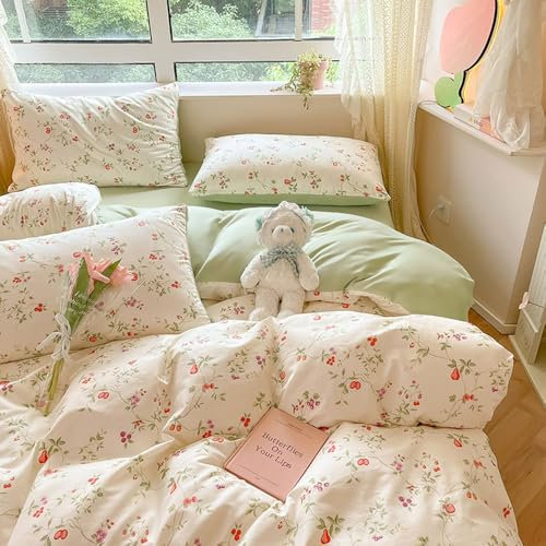 Michorinee Bettwäsche 140x200 2teilig Weiß Grün Blätter Blumen Pflanzenmuster Bettbezug Blumenmuster Aesthetic Mikrofaser Weich Renforcé Wendebettwäsche Set mit Kissenbezüge 70x90cm und Reißverschluss