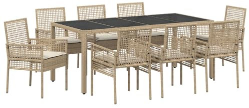 vidaXL - Outdoor Dining Table Set for 8 - Beige Poly Rattan, Glass Top, Powder-Coated Steel - Patio/Garden Furniture
