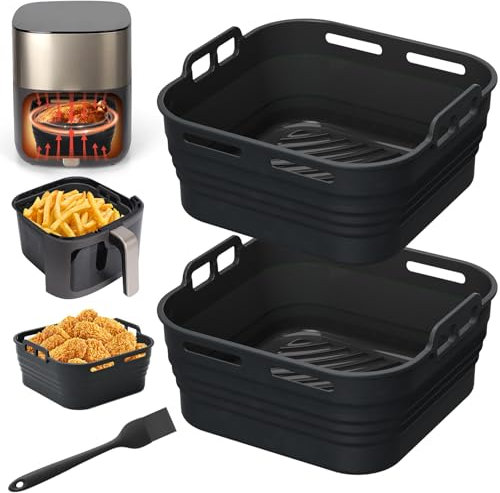Alyvisun Moule Silicone Air Fryer avec Pinceau à Huile, 2 Pièces Plat pour Airfryer Panier Friteuse Air Chaud Moules Carré Barquette Bac Ustensile Liners pour Friteuse à Air, Micro-ondes, Four (Noir)