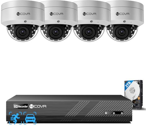 4COVR 4K Überwachungskamera Set Aussen, 8CH NVR mit 2TB HDD, DLY54AX8M0804 | 4×8MP IK10 Vandalensicheren Dome PoE IP Kameras mit Mikrofon, KI Personen-/Fahrzeugerkennung, IP67 Wetterfest