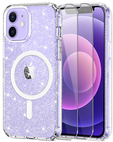 Knrlqim Coque Pailleté pour iPhone 12 Mini Transparente, Étui Magnétique Compatible avec MagSafe, Brillant TPU Souple Case, Anti-Choc Anti-Rayure avec 2X Verre Trempé Protecteur pour iPhone 12 Mini