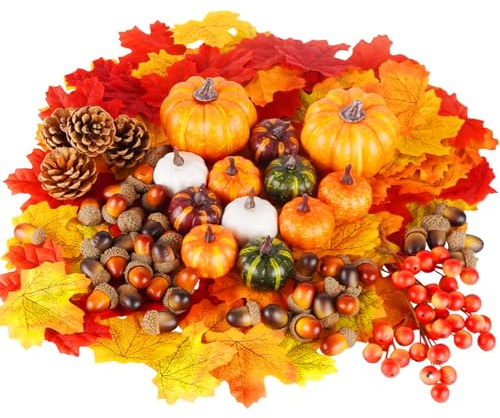 JEONDFG 162 stycken höst konstgjorda lönnlöv pumpor set, konstgjorda pumpor olika, för höst Thanksgiving halloween dekoration