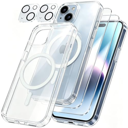 Magnetic Cover per iPhone 14 Compatibile con 2 vetri temperati e 2 vetri per fotocamera, Trasparente TPU Bumper Shockproof Compatible Magnetic Cover per iPhone 14 - Trasparente