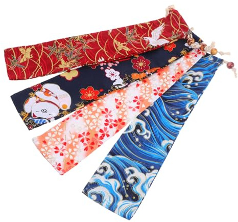 CIYODO Lot de 4 sacs pliables pour ranger les éventails à main japonais, à bijoux en tissu avec cordon de serrage, étui rétro pour les voyages