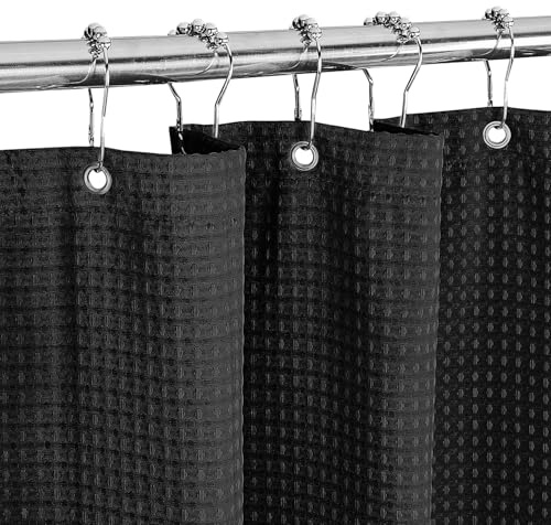 MALIRUE Tenda da doccia Waffle Nero 180x200 cm - Tessuto in poliestere lavabile con pesi e 12 anelli, opaca e impermeabile per doccia e vasca da bagno