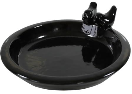 Fachhandel Plus | Vogeltränke Oasis aus glasierter Keramik, Ø 30 cm | mit Deko-Vögeln, Winterfest, Farbenfrohe Gartendeko & Wasserstelle für Vögel (Schwarz)