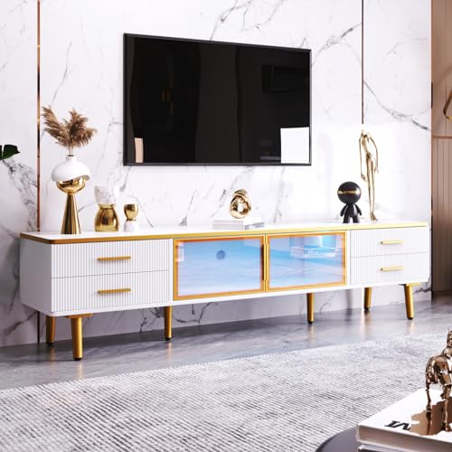 OLIVIBED TV-skåp med LED, TV-bord med gyllene ben och metallben, TV-bänk med 4 strukturerade lådor, TV-bord 170 cm för 60/65 tums tv, 170 x 37 x 47,5 cm, vitt och guld