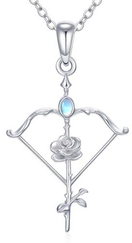 PROESS Pfeil und Bogen Halskette 925 Sterling Silber Mondstein Pfeil und Bogen Anhänger Kette Rose Blume Schmuck Geschenke für Damen und Herren