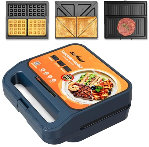Sunvivi 3 in 1 Sandwich Maker, Electric Waffle Maker with Removable Non-stick Plates, 1000W Panini Press Grill with Glass Top, Cool Touch Handle & Easy to Clean, Blue