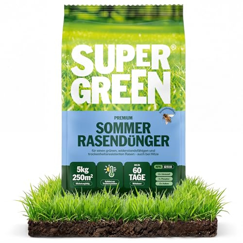 SUPERGREEN Sommer-Rasendünger Langzeitformel | 5 kg für 250m² | NPK 12-5-15 für widerstandsfähigen, sattgrünen Rasen bei Hitze & Trockenheit | Nitratfrei & staubfreies Granulat (2-5 mm)