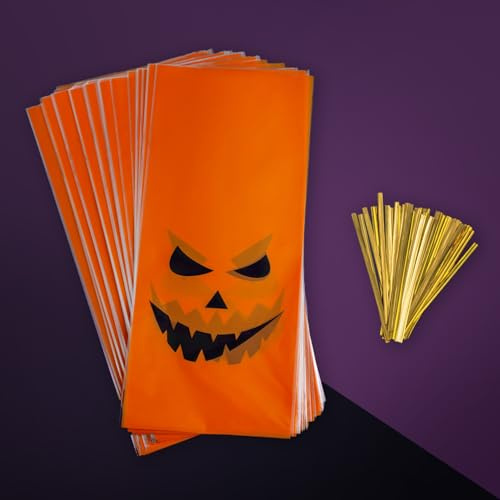 PRECORN Halloween Süßigkeiten-Tüten 50er Set – Wiederverwendbare Candy Bags mit Kürbis-Motiven, Trick or Treat Goodie Bags für Kinder, Süßes oder Saures, Halloween Party Geschenktüten