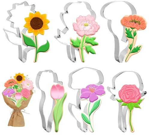 FYSUIMU 6Pcs Flower Cookie Cutters Biscuit Cutter Spring Tulip Peony Sunflower Rose Floral Stem Stainless Steel Cookie Cutting Molds for Mother' s Day Home DIY Baking Supplies