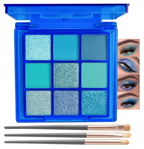 Palette d'ombres à paupières bleues, 9 couleurs, mates, chatoyantes, très pigmentées, avec 3 pinceaux, imperméable et résistante aux taches, pour les vacances et le quotidien, poudre lisse