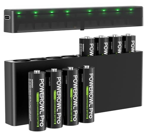 POWEROWL Rechargeable Lithium AA Batteries 8 Pack with Charger, 1.5V Stable Output 3000mWh for Blink Outdoor Camera with Lithium Charger Storage Box