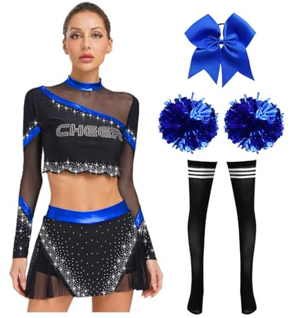Freebily Damen Cheerleading Kostüm Strass Mesh Cheerleading Oberteil Rock Pom Poms Und Accessoires Karneval Kostüm High School Musical Outfit Königsblau M