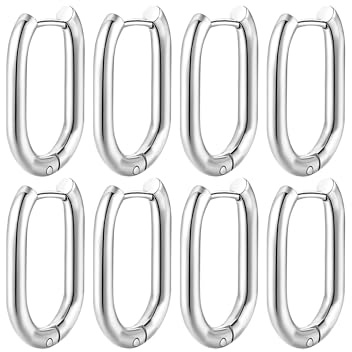 JUZICHEN 4 Paires Boucles d'Oreilles Créoles Pour Femme, Boucles d'Oreilles Ovales En Acier Inoxydable, 16/18/21/25mm Creole Ovales Or/Argent/Noir/Or rose (4 Paires,Argent, 25 mm)
