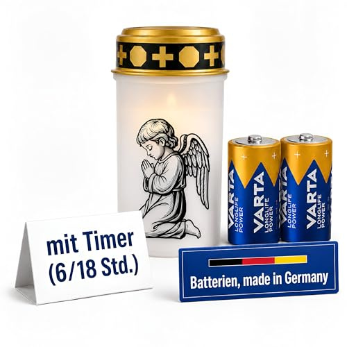 Fachhandel Plus LED Grablicht mit Timer 6/18 Std Motivwahl Grabkerze LED mit Batterie inklusive 2x Varta Longlife C LR14 für Friedhof Gedenkplatz und Außenbereich (Weiß, betender Engel)