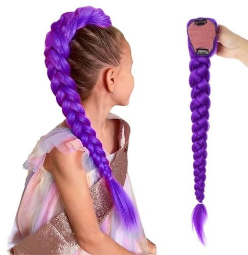 Omnikryp Peluca Morada, Peluca de Anime para Cosplay, 62cm, Pelo Sintético para Trenzar Color Lila con Clip Oculto, para Halloween, Accesorios de Cosplay