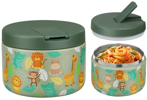 Itslife Thermobehälter für Essen 350ml Edelstahl Warmhaltebebehälter, Auslaufsicherer Lunchbehälter mit Schnallenabdeckung, Weithals, Isolierung, geeignet für kaltes&heißes Essen Grün Tier