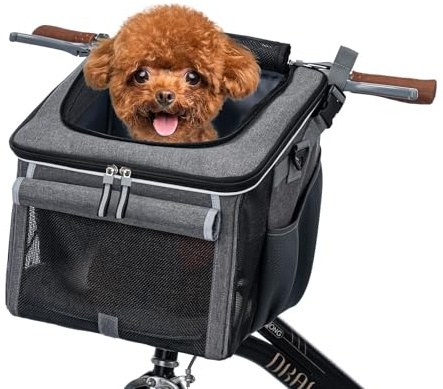 BABEYER Hundefahrradkorb, erweiterbarer weicher Haustier-Tragerucksack mit 4-offenen Türen, 4-Mesh-Fenster für kleine Hundekatzen-Welpen-Grau