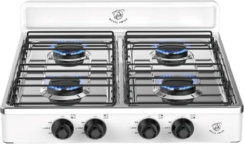 Royal Swiss® Fornello a gas a 2 fiamme, 4,4 kW, portatile, con accensione elettrica e coperchio, piano cottura GPL per esterni, campeggio e casa, nero